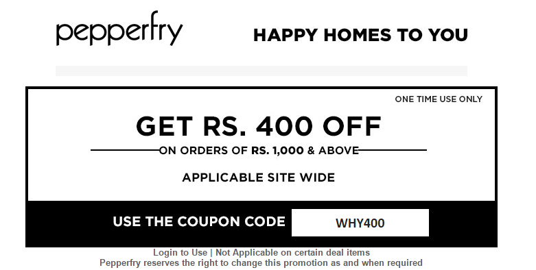 India Desire : Pepperfry Rs 400 Off On 1000 Site Wide 